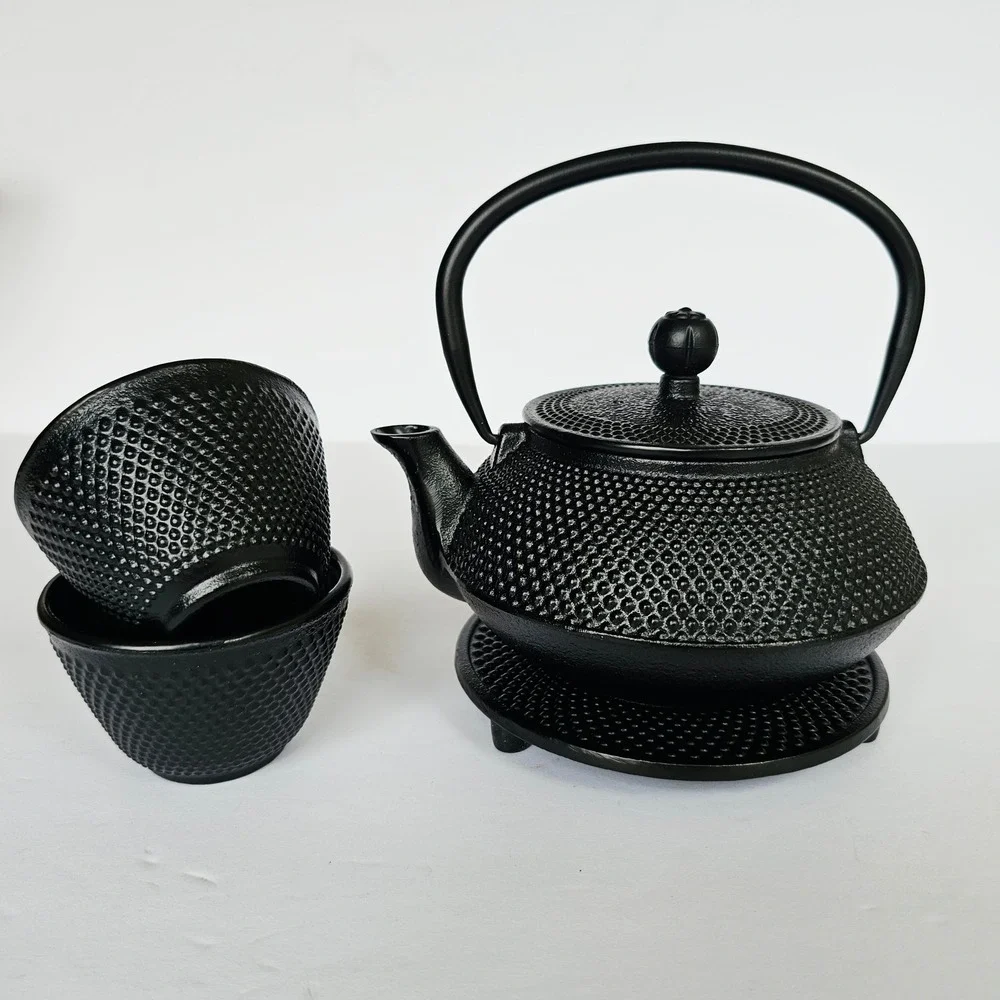Black Cast Iron Hobnail Teapot Set 2 Cups Trivet Japanese Tetsubin Style Zen NIB